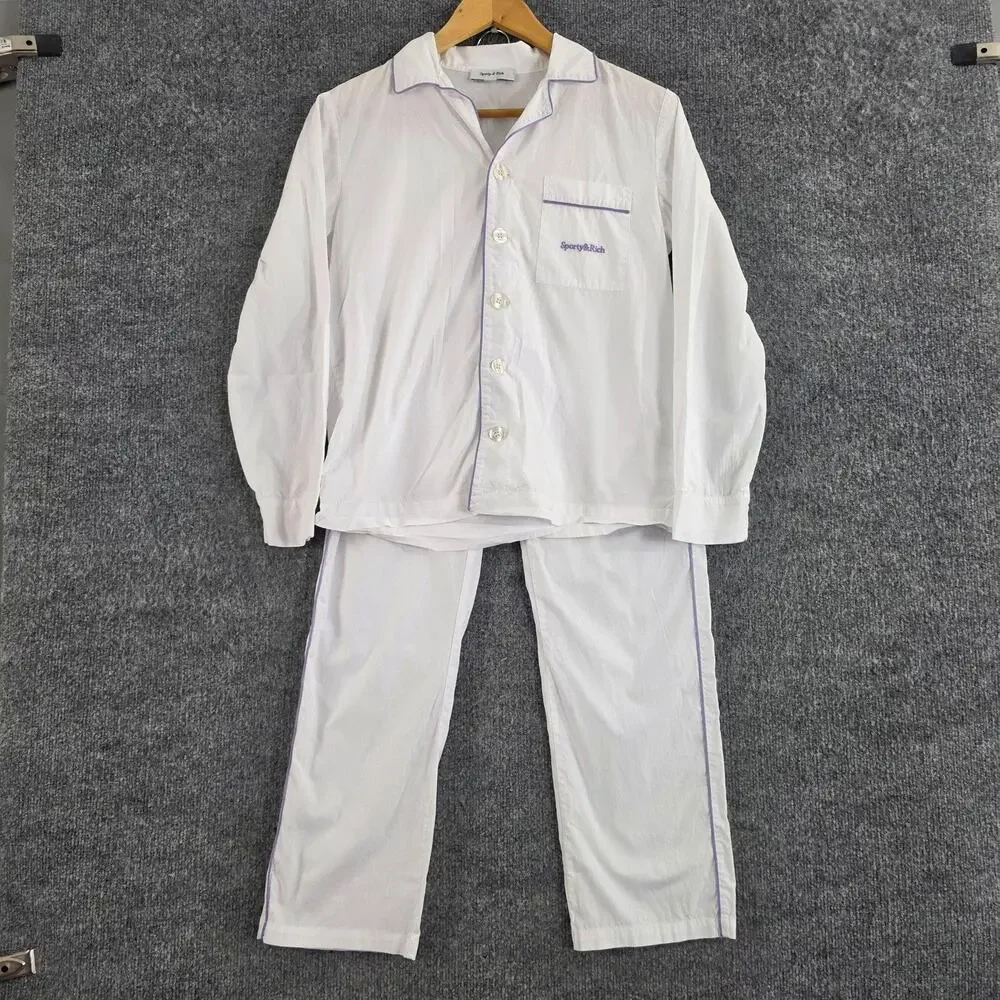 Sporty & Rich Pajama Set Women XS Serif Pyjama Shirt Trousers Lounge Luxury Chic